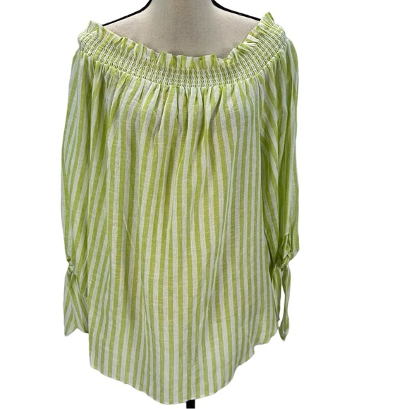 Michael Kors Long Sleeve Off The Shoulder Striped Blouse - Green White - size 2X - Picture 1 of 11